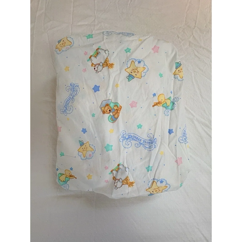Twinkle Twinkle Rub A Dub Teddy Bear Stars Sheep Vintage Crib Sheet Light‎ Blue